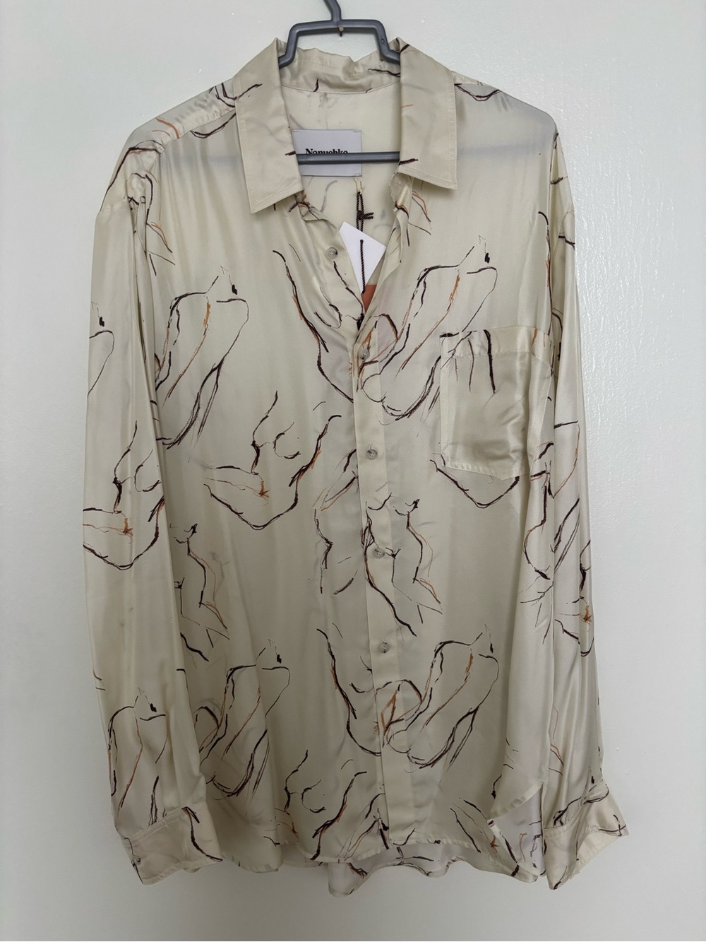 NANUSHKA Men's Cream 100% Silk Button-Up Shirt - Abstract Line Print